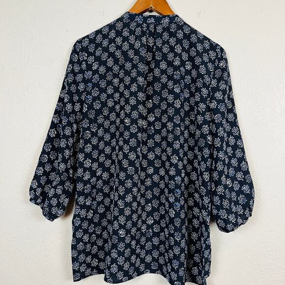 Michael Kors Half Zip Blouse Tunic Leaf Print Exposed Zipper Navy - 10 - Picture 3 of 4